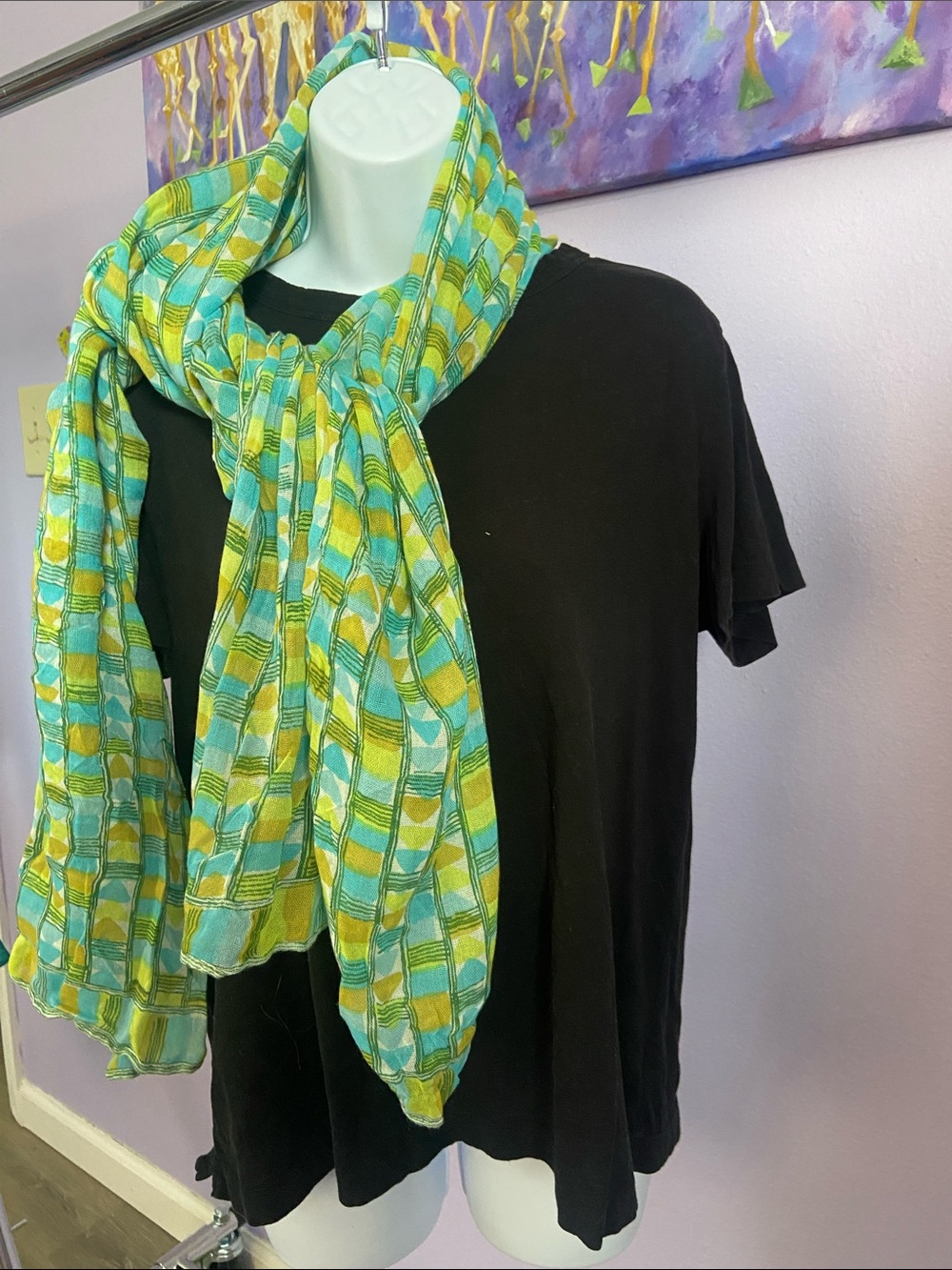Scarf/wrap Loose Woven soft cotton Green and Turquoise Checkered Lightweigt